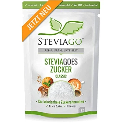 Afbeelding van STEVIAGO ES Suiker (Classic) de 1:1 suikervervanger van erythrit+stevia (98% Reb A), 0 calorieën, veganistisch, geschikt voor keto dieet en koolhydraatdieet, 1 kg