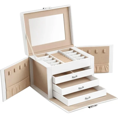 Afbeelding van Sieradendoosje met 4 niveaus, sieradendoos handvat, 3 laden, spiegel, slot, sieradenopslag voor reizen, modern, cadeau idee, klassiek wit JBC159W01