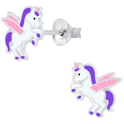 Afbeelding van JoyS Zilveren eenhoorn oorbellen roze glitter vleugeltjes unicorn oorknoppen