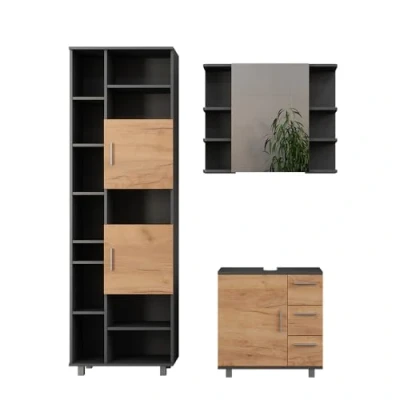Afbeelding van Vicco Badkamermeubelset Ilias, antraciet/Goldkraft eiken, 3 delig, met badkamerkast 190 cm
