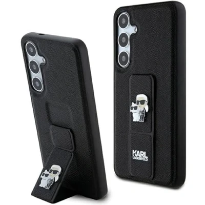 Afbeelding van Karl Lagerfeld Gripstand Saffiano Karl&amp;Choupette Pins hoesje voor Samsung Galaxy S24+ zwart
