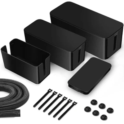 Afbeelding van Lannvan kabelbox, set van 3 kabelboxen, zwart (groot en medium klein) ABS kunststof, kabelmanagementbox, organizer, incl. kabelhouder, kabelbinders kabelslang om