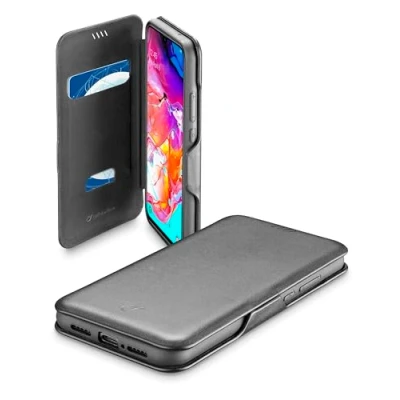 Afbeelding van cellularline Book Clutch 2 zwart hoesje, flip echt lederen portemonnee telefoonhoesje met magnetische sluiting, boekstijl hoesje zakken en kaarthouder. Geschikt voor: Samsung Galaxy A71