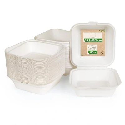 Afbeelding van Love Nature Ecologische burgerverpakking 50 stuks burgerboxen burgerbox menuschalen wegwerpservies suikerriet menubox wegwerp