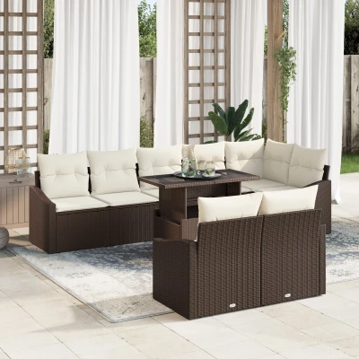 Afbeelding van vidaXL Tuin Sofa Set 9 Delen Bruin en Crème Rattan Stof