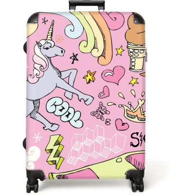 Afbeelding van NoBoringSuitcases.com® Koffer groot Reiskoffer lichtgewicht Roze Eenhoorn Skateboard Tekening Rolkoffer met 4 wielen Grote trolley XL 98 liter bagage