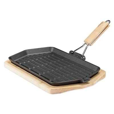 Afbeelding van Navaris gietijzeren pan Met inklapbaar handvat Braadpan voor fajitas houten onderzetter Geschikt alle warmtebronnen