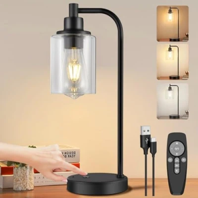 Afbeelding van Snoerloze LED tafellamp met afstandsbediening, 8000mAh batterij aangedreven bureaulamp, dimbare touch bedlamp glazen kap, USB C oplaadbare voor woonkamer, slaapkamer, zwart