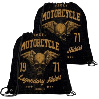 Afbeelding van VAPOKF 2 STKS Trekkoord Tassen, PE Gym Bag, Grote String Zwem Trainer Tas Gepersonaliseerde voor School Sport Reizen, Retro Motorfiets Schedel, Meerkleurig, 21.2x17.3in/54x44cm