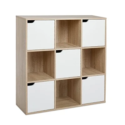 Afbeelding van Meerveil Opbergkast met 9 kubusjes, 3 laags boekenkast 5 deuren, houten boekenplank, displaykast voor woonkamer, slaapkamer, thuiskantoor, 90 x 30 cm, eiken en wit