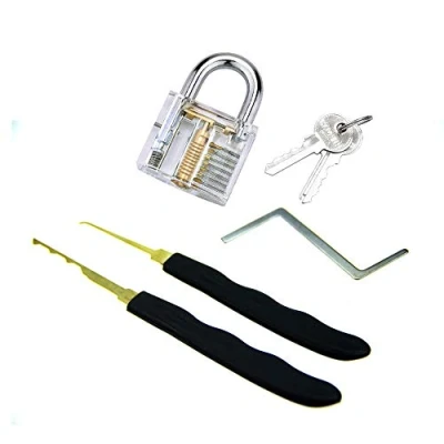 Afbeelding van Loboo Idea Transparant oefenhangslot met 3 stuks professionele lockpicking trainingsset, extractorgereedschap voor beginnende en slotenmakers