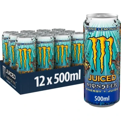 Afbeelding van Monster Energy Juiced Aussie Style Lemonade cafeïnehoudende energiedrank met verfrissende citrussmaak in praktische wegwerpblikjes (12 x 500 ml)