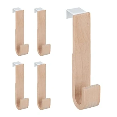 Afbeelding van Relaxdays deurhaken in set van 5, hout &amp; ijzer, jassen, handdoeken, deurkapstok hal, HxBxD: 13 x 2,5 6 cm, wit/naturel
