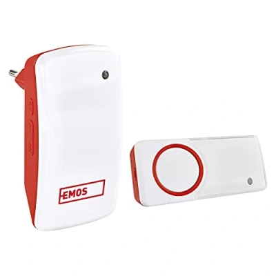 Afbeelding van EMOS P5750 Batterijloze deurbel, set met 150 m bereik en 10 melodieën, 5 standen volume tot 110 dB, visuele weergave, zelf learning koppeling/kleur, 230 V, rood/wit