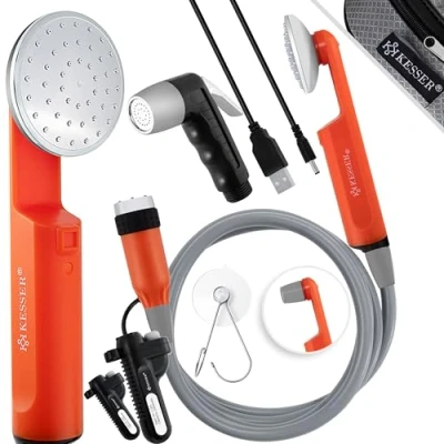 Afbeelding van Kesser® campingdouche met accu, dompelpomp, handdouche, 2x 2200 mAh lithium USB oplaadkabel, voor de camping, tuin en auto outdoor, hondendouche, autoreiniging, incl. draagtas, zwart/oranje