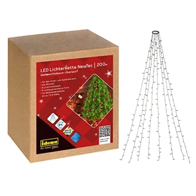 Afbeelding van Idena 31040 NewTec LED feeënverlichting voor binnen &amp; buiten met 200 in warm wit, kerstboomkap 8 strengen, lichtstanden, voeding en uur timerfunctie