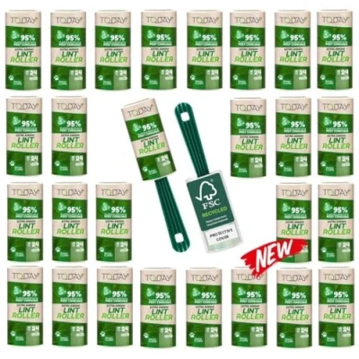 Afbeelding van Today pluizenroller 28 rollen met 2 houders 95% gerecycled materiaal 24 lagen easy peel voor dierenharen Geschikt haren, stof, kleding,