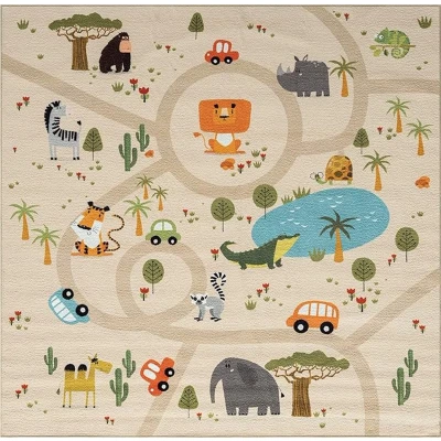 Afbeelding van Vloerkleed kinderkamer Beige 200x200 cm Vierkant Afwasbaar Antislip Tapijt voor jongens en meisjes met een straat jungledieren Happy Life by the carpet