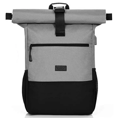 Afbeelding van Rolltop Rugzak voor dames en heren,Laptoprugzak 17,3 inch laptop,dagrugzak waterdicht anti diefstal,Schoolrugzak tienermeisjes jongens met USB oplaadpoort werk,universiteit,reizen,sportrugzak (Donkergrijs 26L)