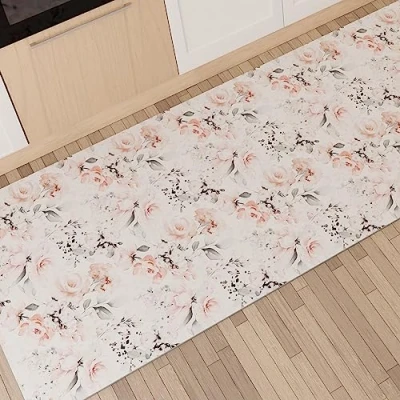 Afbeelding van PETTI Artigiani Italiani Tapijt voor keuken, antislip, wasbaar, 52 x 380 cm, bloemendesign 17 wit, 100% Made in Italy