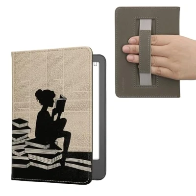 Afbeelding van kwmobile E reader hoesje geschikt voor Amazon Kindle (2022/2024) hoes flip case met magneetsluiting Ereader cover Meisje boeken design in zwart / beige