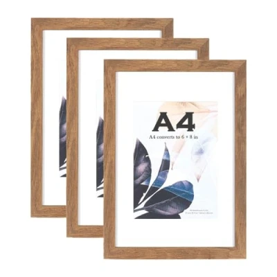 Afbeelding van Bruine houten fotolijst A4 met montage, set van 3, fotolijst, posterframe, certificaatframe, vrijstaand en wandmontage…