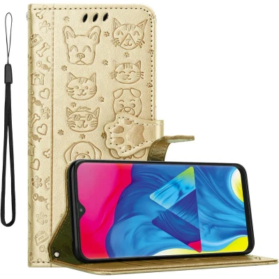 Afbeelding van Cadorabo Hoesje geschikt voor Samsung Galaxy A10 / M10 in SHINY GOUD Beschermhoes honden en katten met standfunctie kaartsleuven Book Case Cover Etui