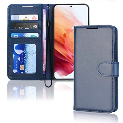Afbeelding van TECHGEAR Leren portemonneehoesje voor Galaxy S23, flipcase, beschermhoes met portemonnee, kaarthouder en polsband, marineblauw PU leer magnetische sluiting, ontworpen Samsung S23 /