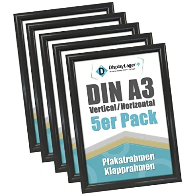 Afbeelding van DisplayLager Voordeelverpakking van 5 stuks, zwart, DIN A3 klapframe met 25 mm aluminium profiel, spiegelende beschermschijf, bevestigingsmateriaal
