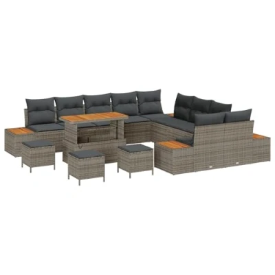 Afbeelding van vidaXL 14 delige ligbedden set met kussens Grijs Poly Rattan Acacia