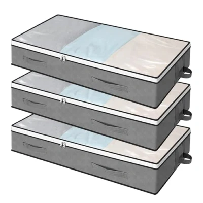 Afbeelding van AiQInu 3 stuks opbergdozen voor onder het bed, 100 x 50 15 cm, opvouwbare onderbedcommode met kijkvenster, kledingopslag kleding, dekens en dekbedden