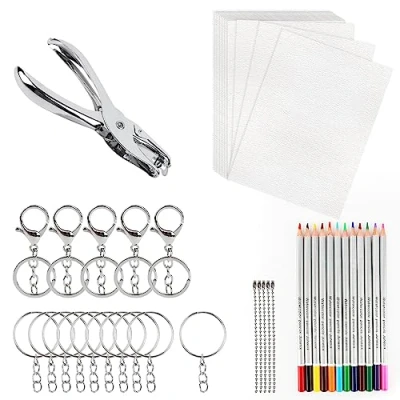 Afbeelding van MXTIMWAN Krimpfolieset, krimpfolieset voor doe het zelf handwerk, warmte plastic vellen kit krimpfolie bevat 20 stuks kunstdrukpapier en sleutelhangeraccessoires