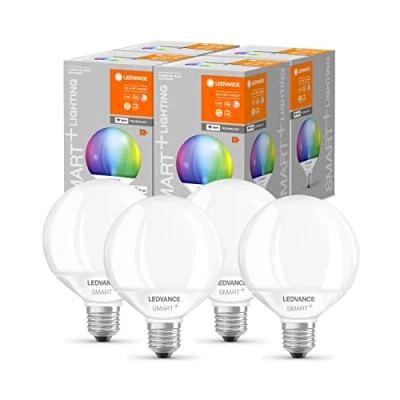 Afbeelding van LEDVANCE Smart LED lamp met Wifi technologie, E27 basis, Dimbaar, RGB kleuren &amp; lichtkleur veranderbaar, Globeform, Mat, Vervanging voor 100W lampen, bestuurbaar Alexa, Google App, 4 pak