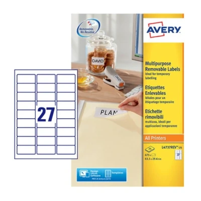 Afbeelding van Etiket Avery L4737REV 25 63.5x29.6mm afneembaar wit 675stuks