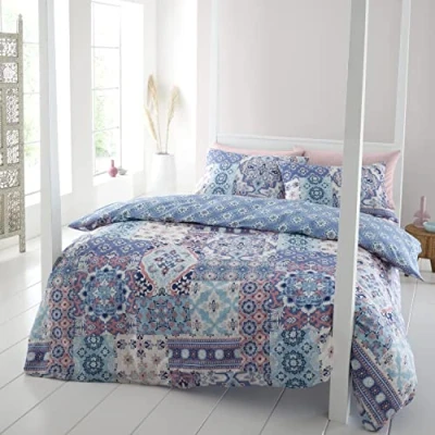 Afbeelding van Catherine Lansfield Beddengoed Boho Patchwork Dubbele Dekbedovertrek Set met Kussenslopen Blauw