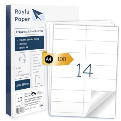 Afbeelding van Raylu Paper ® zelfklevende witte etiketten om af te drukken, papieren stickers op A4 vellen voor inkjetprinters, laser en fotokopieerapparaten, 14 per vel (105 x 41 mm)