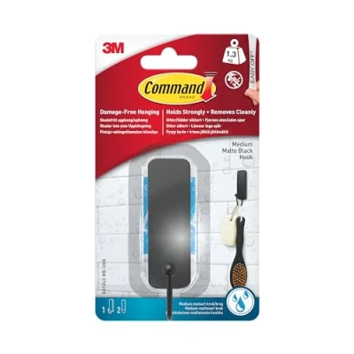 Afbeelding van Command badhaak medium mat, zwart, 1 haak en 2 waterbestendige strips, schadevrije met plakstrips
