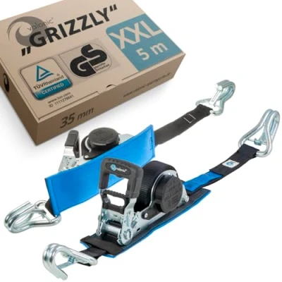 Afbeelding van valonic GRIZZLY XXL Premium automatische spanband met haak, TÜV Rheinland &amp; GS gecertificeerd, gewatteerd, 2 stuks, 5m, 35mm, 800/1600 kg, ratel, EN 12195 2, zwart