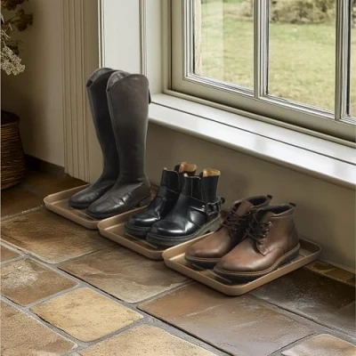 Afbeelding van Navaris 3x afdruipbak met rand voor schoenen Laarzen trays in de hal Afdruipmat binnen en buiten Schoenenschaal profiel Brons