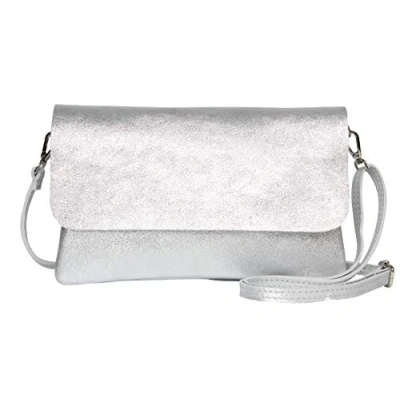 Afbeelding van AmbraModa GLX11 Crossbodytas, Clutch, telefoontas van echt leer met afneembaar en verstelbare schouderriem, passend voor mobiele telefoons tablets tot 7 inch. Zilver metallic