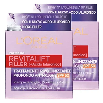 Afbeelding van L&#039;Oréal Paris Revitalift Filler Dagverzorging, revitaliserend, anti rimpel, bescherming SPF 50 met hyaluronzuur, microfiller, 2 blikjes à ml