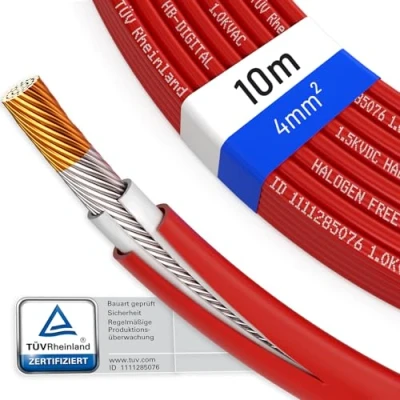 Afbeelding van hb digital 10m zonnekabel 4mm² H1Z2Z2 K TÜV Rheinland gecertificeerd UV bestendig flexibel PW kabel puur koper 1500V verlengkabel fotovoltaïsche voor zonnepaneel omvormer laadregelaar rood
