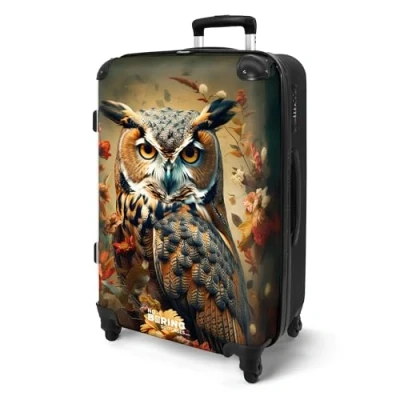 Afbeelding van NoBoringSuitcases.com® Koffer groot Rolkoffer lichtgewicht Portret van een uil tussen rode oranje bloemen Reiskoffer met 4 wielen Grote trolley XL 20 kg bagage
