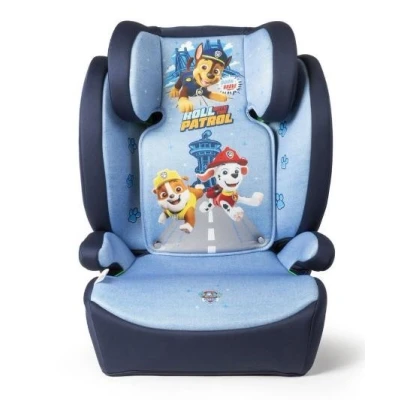 Afbeelding van Paw Patrol kinderautostoel voor de veiligheid van kinderen met een hoogte 100 tot 150 cm, afbeeldingen schattige hondenchase, Rubble en Marshall op lichtblauwe blauwe achtergrond