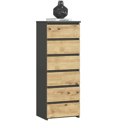 Afbeelding van AKORD Commode met 6 schuifladen, rolladen, ladekast, kledingkast, dressoir plank, robuust, universeel design, grafietgrijs, Artisan eiken