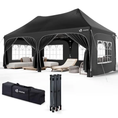 Afbeelding van VOUNOT Tuinpaviljoen voor buiten, 3 x 6 m, opvouwbaar, met afneembare wanden en zandzakken, recept, waterdicht uv bescherming, camping, festival, bruiloft, transporttas, zwart