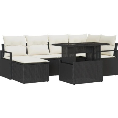 Afbeelding van vidaXL 7 Delige Tuin Sofa Set met Kussens Zwart Poly Rattan, 2 Zits Rattan