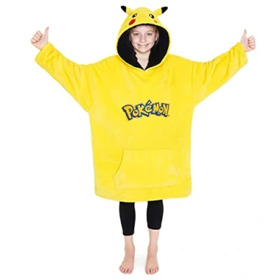 Afbeelding van Pokemon Pikachu Charizur Trui voor kinderen, oversized fleece sweatshirt, warme plaid poncho, jongeren, eenheidsmaat (Geel/Zwarte Pikachu)