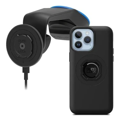 Afbeelding van Quad Lock Voorruit/Dashboard Telefoonhouder voor Auto met MAG Draadloze Oplaadkop V2 en Telefoonhoesje iPhone 14 Pro Max