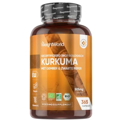 Afbeelding van maxmedix Biologische Kurkuma capsules met zwarte peper en gember 505 mg 365 voor 1 jaar
